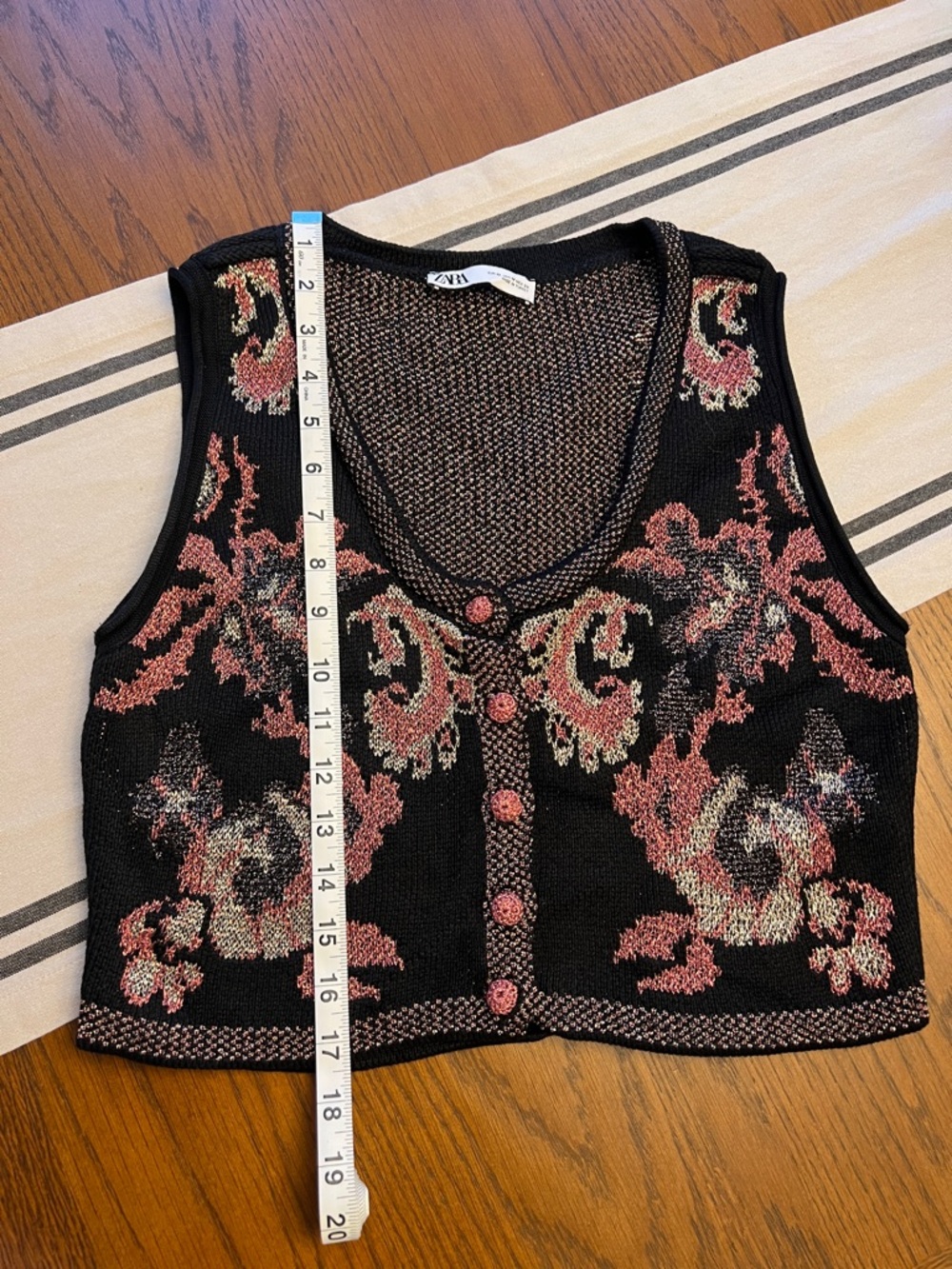 Zara Black Knit Button-Front Floral Vest with Pink and Cream Accents - Picture 3 of 9